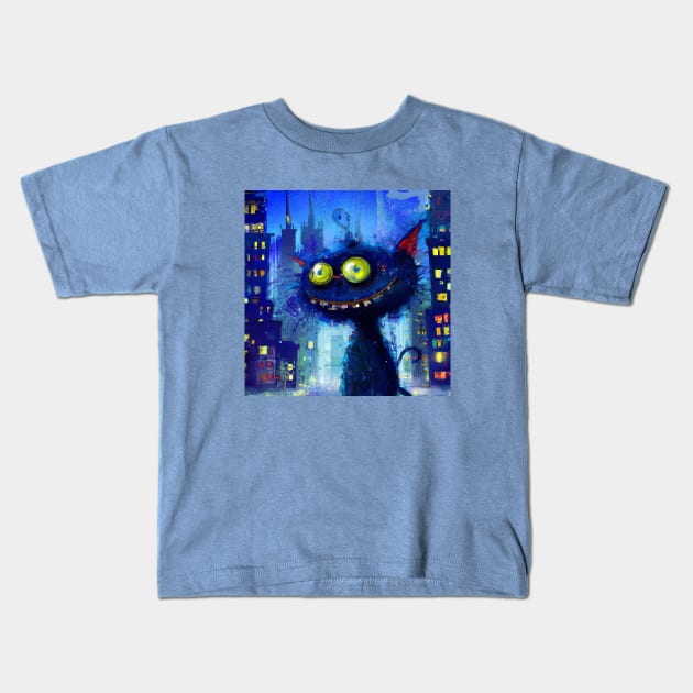 Coffee Drinking Blue Cat Stays Up All Night in the City Kids T-Shirt by Star Scrunch
